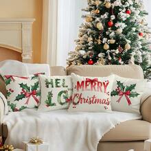 4 Stück Weihnachts-Stechpalmenblatt Illustration Design Kissenbezug Set, einseitig Muster 45*45cm