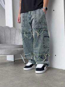 男童宽松破洞黑色牛仔裤，舒适休闲日常穿着，运动复古阔腿百搭牛仔裤 - 中等水洗藍 - 查看 4