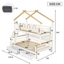 Beliche, duas gavetas com rodízios, corrimão decorativo requintado e design de telhado, escada inclinada de quatro andares, pinho + MDF, branco + natural, 90x200cm e 120x200cm