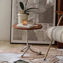 Stainless Steel Small Round Living Room Table (Vintage/Retro Style) Space-Saving Nightstand With Sturdy Bracket Base (Sofa/Coffee/End Table For Bedroom/Balcony) - Walnut - View 4