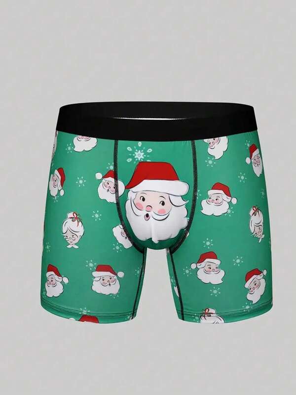 1 pièce Boxer pour hommes avec imprimé Père Noël et flocons de neige - Sous-vêtements de fête verts avec taille élastique, tissu respirant et stretch moyen, lavable en machine pour les fêtes de Noël et le port casual, sous-vêtements de saison, motif ludique, coupe confortable