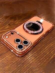 Luxury Shiny Rhinestone Lens Protect Plating Anti-Drop Case With Shiny Glitter Makeup Mirror Ring Holder Bracket Phone Case Compatible With IPhone 17ProMax 17Pro 17 16Promax 15 14 Plus 13 12 Pro Max 11 17Air High Quality Shockproof Bumper Back Cover