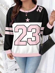 Nueva sudadera elegante y casual de talla grande para mujer con contraste de color, estampado de letras y estrellas de manga larga, de moda para uso diario, otoño/invierno