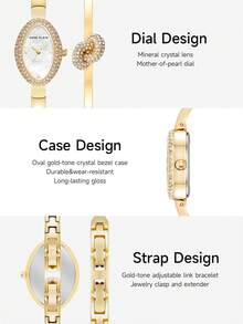 ANNE KLEIN 女士金色椭圆形手表和手链套装，搭配白色珍珠贝母表盘、水晶结链和珍珠刻度，防溅 - 均碼 - 查看 8