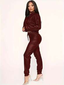 Women's PU Leather Hooded 2 Pieces Set, Solid Color Jacket And Pants Suit