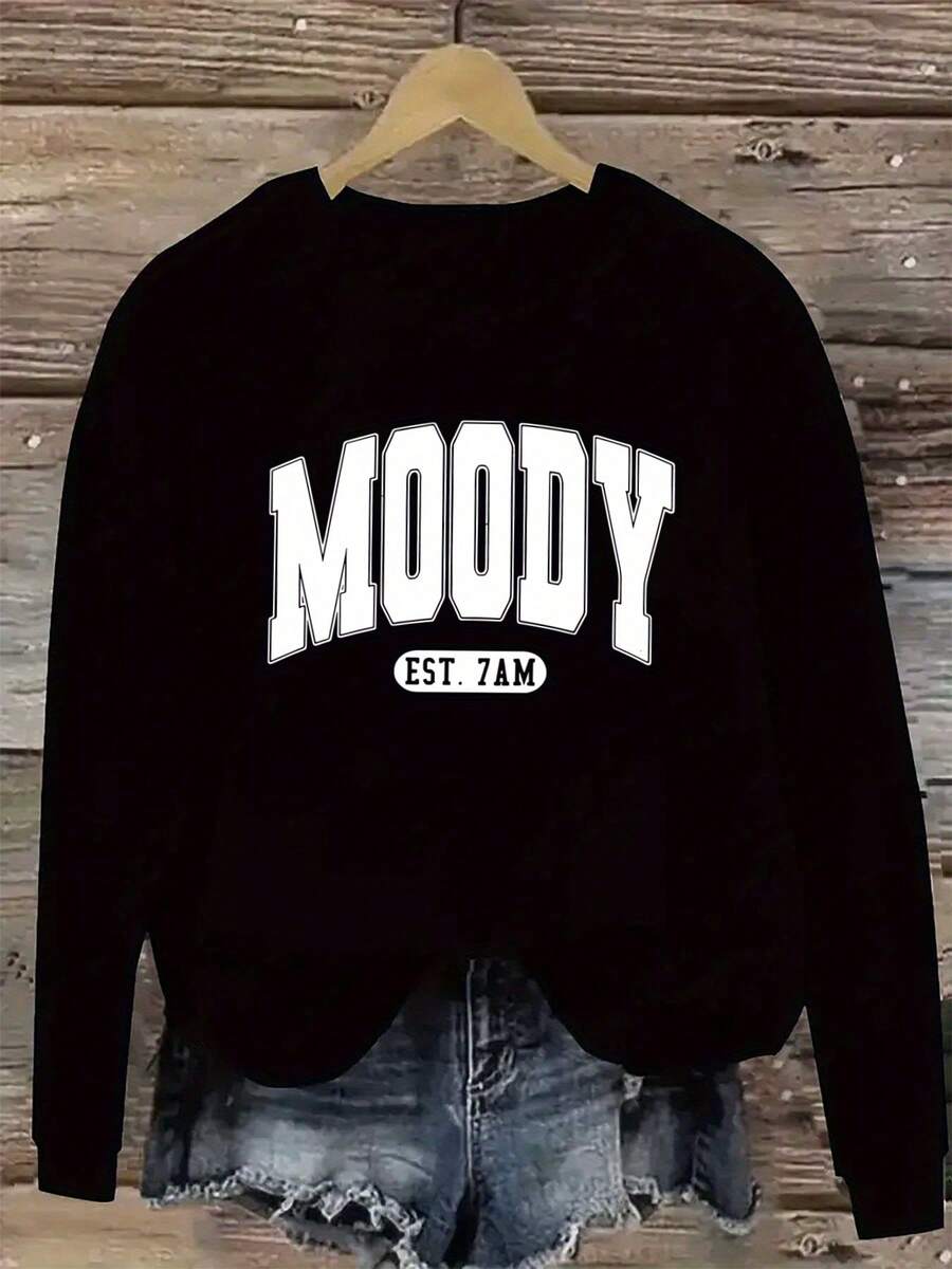 Fashion Apparel Sweatshirt With Code Fashion MOODY Letter Print Sweatshirt, Spring And Autumn Round Neck Casual Sweatshirt, Women's Clothing, Code Women's Clothing Classic Versatile - 黑色 - 查看 1