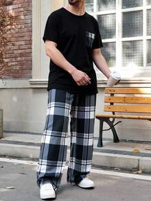 Conjunto de dos piezas de ropa de dormir para hombre, con pantalones de manga larga y estampado a cuadros, para otoño e invierno,Set de 2 piezas Pijama de manga corta ligero para hombre, Conjunto de ropa de casa a rayas y a cuadros para hombre en primavera y verano - Negro - Ver 2