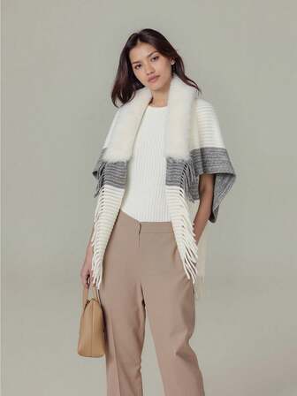 1 pieza Nuevo poncho con capucha de otoño/invierno con cuello de piel sintética, cálido cárdigan con flecos