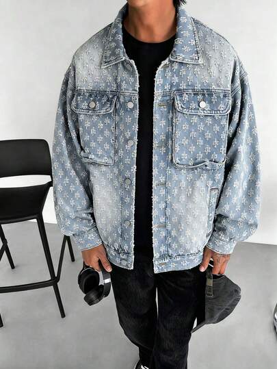 Herren leichte Denim Jacke mit Blumenmuster für Frühling und Herbst, kreieren Sie Ihren eigenen Stil mit dieser vielseitigen Denim Jacke mit Kragen und Streetwear-Look