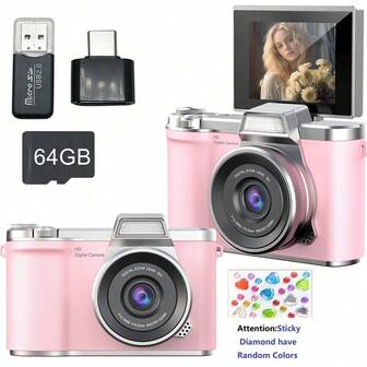 1080P HD Camera, 2.4'' Large LCD Rechargeable Camera With 64G Card, Taking Photos, Recording Videos And Funny Headshot, Birthday Christmas And New Year Christmas