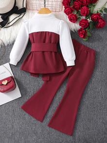 Young Girls Vintage Style Shirt Collar Blouse With Double-Breasted Button Decor + Elastic Waist Casual Pants Two Pieces Set, Comfortable For Daily Wear And Outings, Autumn/Winter