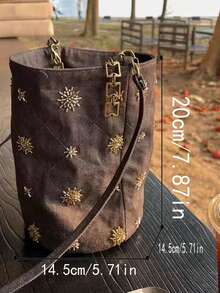 New Beaded Embroidered Snowflake Bucket Bag, Large Capacity Canvas Crossbody Bag, New Chinese Style Casual Shopping Tote, Versatile Handbag - Brown - View 5