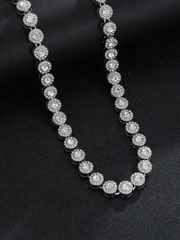 1 pezzo Set di collana e bracciale cubani rotondi completamente tempestati di cristalli, decorazione luccicante