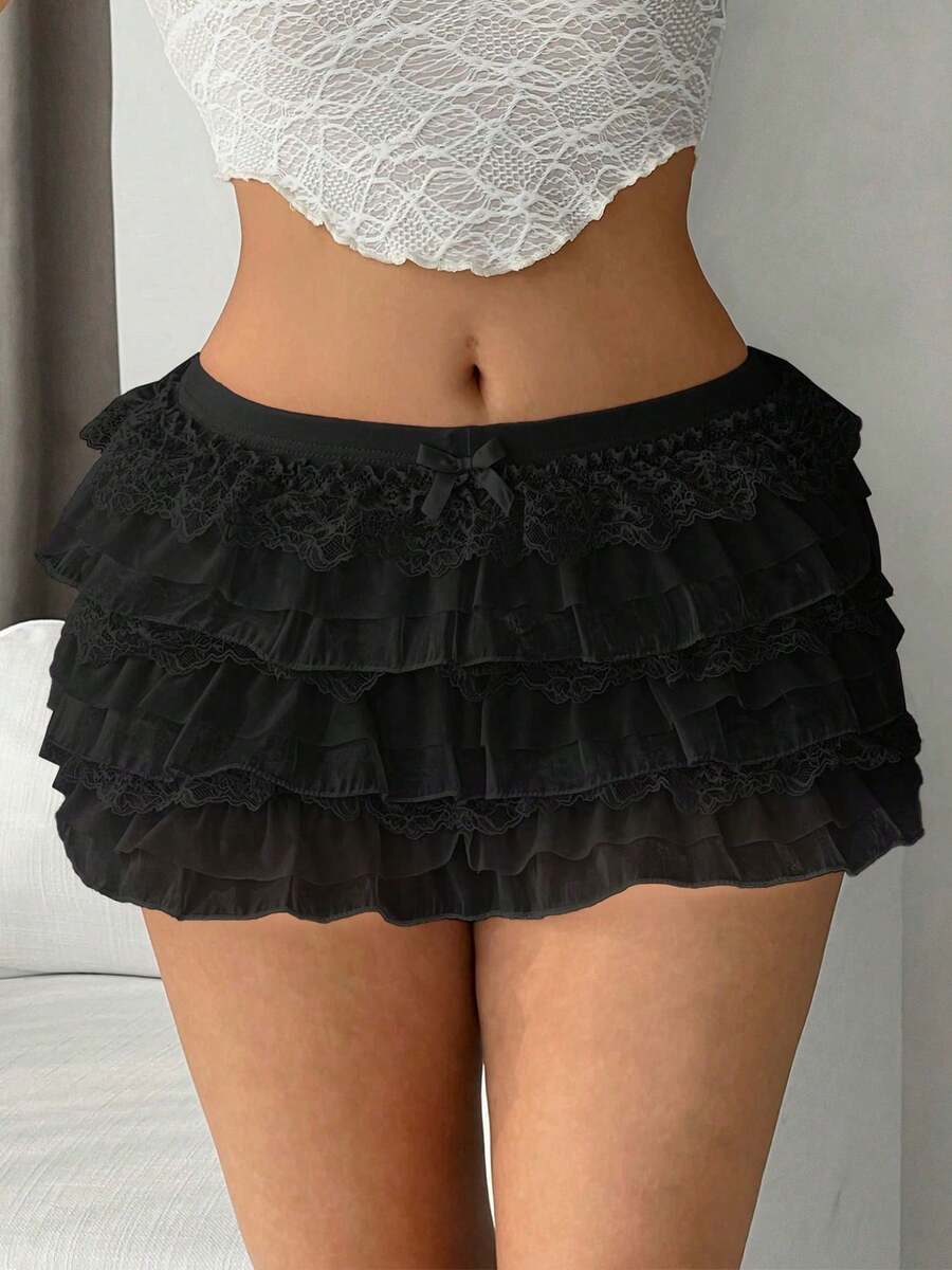 Women Y2k Lace Layered Mini Skirt Low Rise Ruffle Short Tiered Skirt Cute Aline Multi Layer Cake Skirts - 黑色 - 查看 1