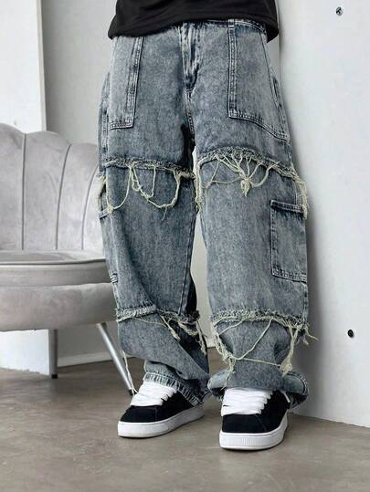 Pojkbyxor med lös passform och slitna svarta jeans, bekväma vardagskläder, sportiga retrobyxor med vida ben och mångsidiga denimbyxor