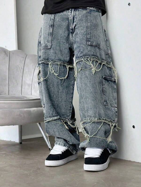 Boys' Loose Fit Distressed Black Jeans, Comfortable Casual Daily Wear, Sporty Retro Wide Leg Versatile Denim Pants