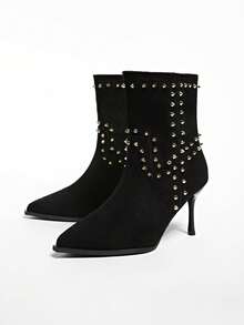 New Women's Brown Suede Rivet Decor Pointed Toe Stiletto Heel Ankle Boots - Black - View 1