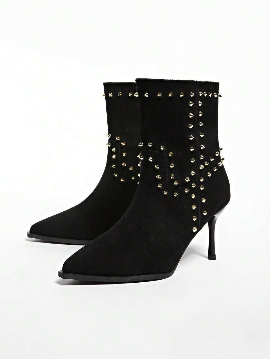 New Women's Brown Suede Rivet Decor Pointed Toe Stiletto Heel Ankle Boots - Black - View 1