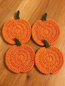 4 件套钩针南瓜杯垫、手工布艺饮料垫、秋季农舍装饰、感恩节餐桌配件、万圣节厨房礼物手工钩针万圣节南瓜杯垫、手工编织纱线、耐热杯垫、节日