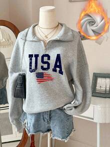 Women's Autumn/Winter New Minimalist American Letter Print Casual Half-Turtleneck Zipper Sweatshirt, Fashion Versatile - Dark Gray - View 6