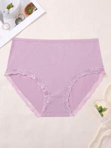 4 piezas Bragas de talla grande de algodón de unicolor con adorno de encaje, cómodas y elegantes de cintura alta - Multicolor - Ver 5