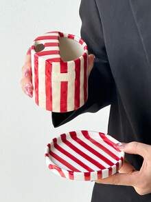 1pc Striped Ceramic Mug And Saucer Set, Classic Striped Ceramic Coffee Cup And Saucer Set, English Afternoon Tea, Black Tea Cup And Saucer, Home Afternoon Tea, Coffee, Juice, Milk, Water Cup, Holiday Gift For Friends And Classmates - Multicolor - View 13