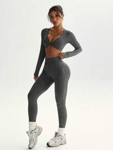 女士休闲夏装：女士健身休闲套装、女士慢跑街头服饰：女士拉链仿皮领长袖上衣、紧身裤套装、运动套装、女士两件套 - 深灰色 - 查看 6