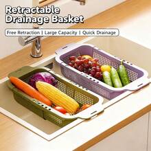 1 قطعة مصفاة حوض قابلة للتوسيع مع مقبض قابل للتعديل، سلة تصريف بلاستيكية متعددة الوظائف، رف تصريف قابل للسحب، مصفاة حوض المطبخ، سلة للخضروات والفواكه، سلة تصفية، رف تجفيف الأطباق، مناسبة للمعيشة والمنزل والمطبخ وحفلات الشاطئ الصيفية والطعام والتخييم وصندوق التخزين وديكور الغرفة ولوازم المطبخ والسلال