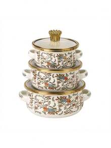3pcs Enamel Crown Rim Milk Pot, Double Ear Pot, Enamel Bowl, Household Pot, Mini Pot, Enamel Soup Pot, Ramen Bowl, Small Hot Pot, Thick Enamel Pot, Mini Saucepan, Double Ear Electromagnetic Stove, Gas Stew Pot, Cooking Pot, Household Thick Double Ear Stew Pot, Lard Jar, Milk Pot With Lid, Dual-Use Electromagnetic Stove