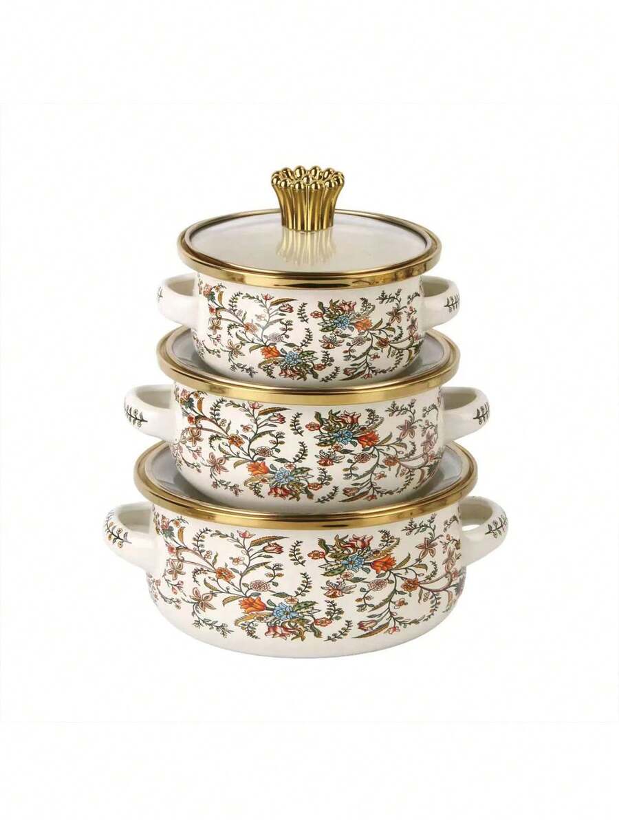 3pcs Enamel Crown Rim Milk Pot, Double Ear Pot, Enamel Bowl, Household Pot, Mini Pot, Enamel Soup Pot, Ramen Bowl, Small Hot Pot, Thick Enamel Pot, Mini Saucepan, Double Ear Electromagnetic Stove, Gas Stew Pot, Cooking Pot, Household Thick Double Ear Stew Pot, Lard Jar, Milk Pot With Lid, Dual-Use Electromagnetic Stove