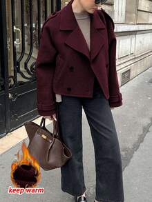 2025 Hit In Europe And America! Korean-Style Retro Slimming Coat, Set To Be Extremely Popular In Europe And The US In 2025! A Plain-Colored Design, Short And Wide-Shouldered Loose-Fitting Coat With Patterns, Suitable For Daily Wear In Autumn And Winter, Suitable For Commuting, Dating, Shopping - All-In-One For Multiple Uses! A Fashionable Set, A Must-Have For The School Season! - Burgundy - View 3