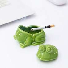 Frog Ashtray With Lid For Cigarette Ceramic Green Windproof Ash Tray For Home Office Tabletop Outside Patio Outdoor - As Pic - View 5