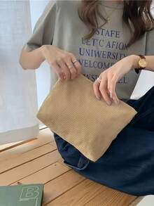 1 pieza Bolsa de maquillaje negra, bolso de mano de pana retro minimalista con cremallera suave, organizador de cosméticos y artículos de papelería de uso múltiple para uso diario, campus y casual - Multicolor - Ver 6