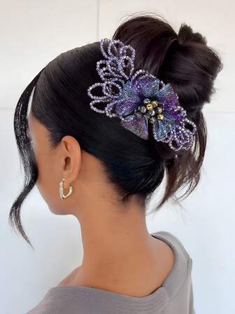 1pc Crystal Flower Hair Clip, Elegant Beaded Woven Barrette Hair Accessory Suitable For Bride, Wedding, Holiday, Birthday, Christmas Party, Casual Everyday Wear For Women