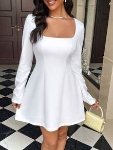 Váy Unadoll dành cho nữ mùa thu, tay dài, cổ vuông, cạp chun eo dáng chữ A, thích hợp cho kỳ nghỉ, đi chơi, hẹn hò, tiệc tùng, v.v., Giáng sinh, trở lại trường - trắng - Xem 5