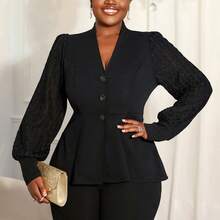 Women's Plus Size Stylish Black Peplum Coat V Neck Bishop Sleeve Jacquard Ruffle Detail Knitted Fabric Long Sleeve Button Closure Button Blazer