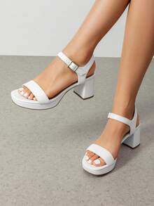 Women Comfortable Chunky Low Heeled Sandals Open Toe Buckle Decor Ankle Strap Heeled Sandals For Daily Wearing Wedding Party Prom - White - View 2