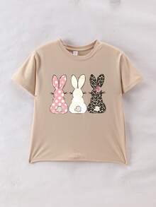 卡通兔子印花圆领T恤，春夏休闲柔软上衣 - 杏色 - 查看 6
