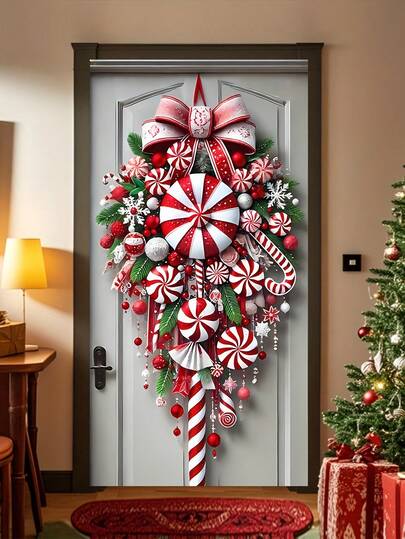 1pc HEGO 35x70 Inch Festive Wreath, Polyester Door Flag For Home & Party Porch Hanging, Multi-Purpose Holiday Christmas Party Decor, Outdoor Yard & Garden Banner, No Power Required