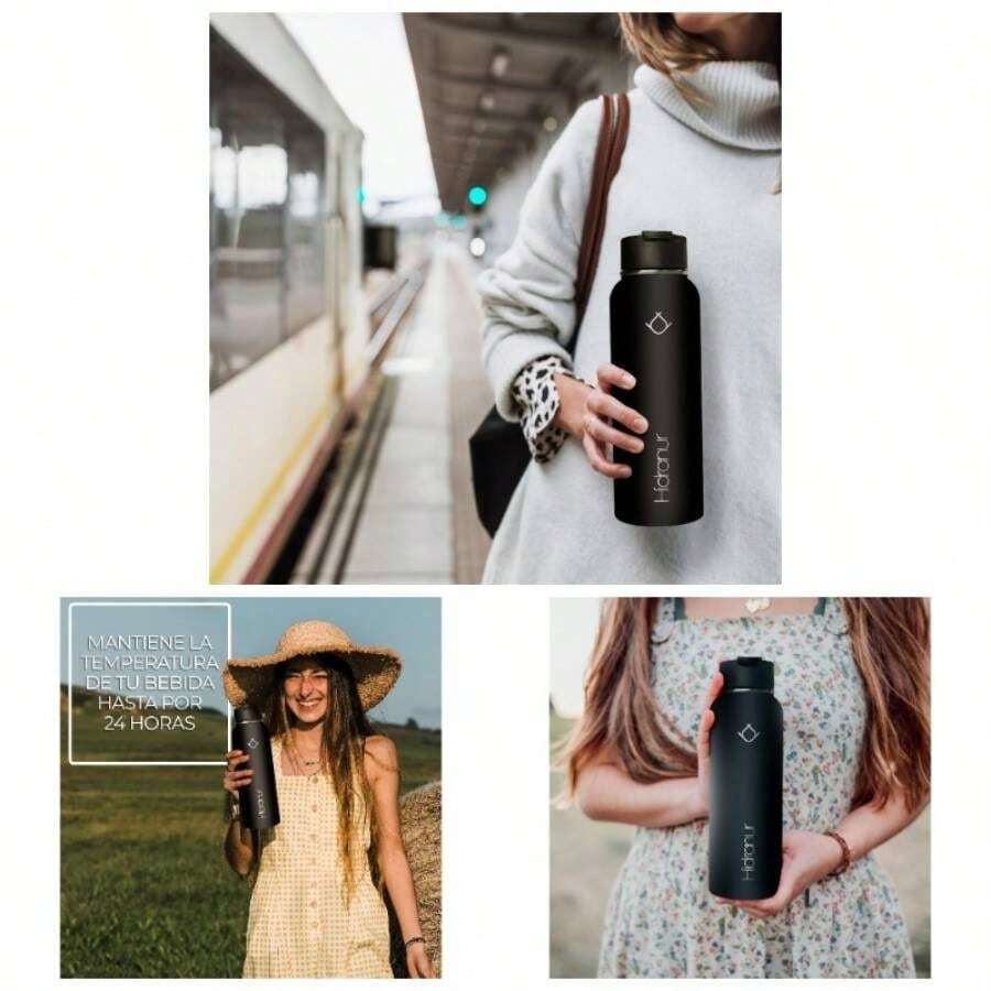 Termo de Acero Inoxidable Doble Aislamiento Trmico, Termo Para Caf, 3 Tapas Hermticas, 2 Popotes, 24 Hrs de Agua Caliente y Fra Negro, 18 Oz 532.324 ml - Negro + 1,2 Litros - Ver 1