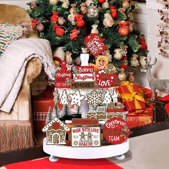 15 Pcs Christmas Tiered Tray Decor Set Winter Tiered Tray Decorations Farmhouse Tabletop Centerpiece Christmas Wooden Sign For Xmas Home Buffalo Plaid Rustic Table Decoration