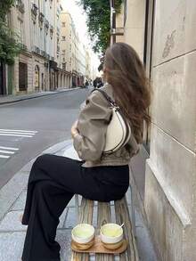 Manny Style 美式復古極簡酷感翻領拉鍊酒紅色短版夾克外套女款 - 暖米灰 - 查看 2