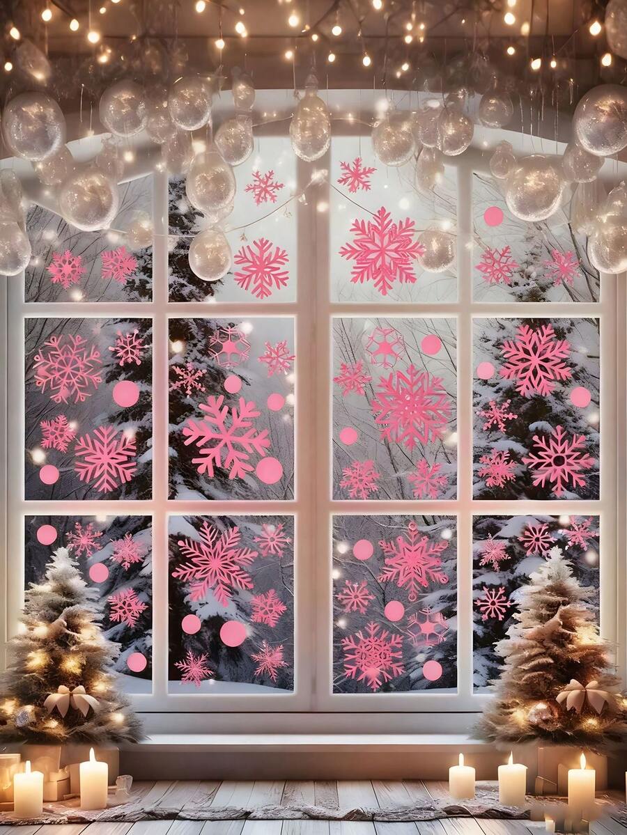 93pcs-Pink Snowflake Stickers,Pink Christmas Static Glitter Snowflake Window Decals ,Snowflake Stickers, Christmas Stickers, Decorative Stickers, Holiday Decor Stickers, Party Decor Stickers, Christmas Party Supplies Decoration Sticker,Christmas Decorations For Family Room Office Supermarket Store Window Glass Door,Christmas