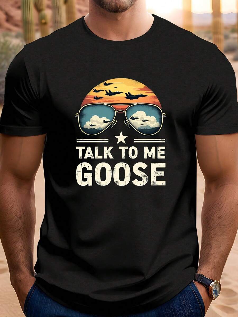 Pilot Men's Plus Size Crinkle T-Shirt - Vintage Aviation Graphic TALK To ME GOOSE Design, Black Casual Short Sleeve Tee, Machine Washable Summer Top, Casual Summer Wear  Sunset Print Shirt  Crinkle Fabric, PLUS S - Black - View 1
