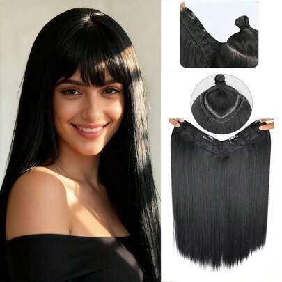 Extensión de cabello sintético en forma de V de 18 pulgadas de largo, estilo de cabello liso, pieza de cabello con 4 clips, colores degradados negro y marrón, peluca natural, pieza de cabello invisible para uso diario de mujeres