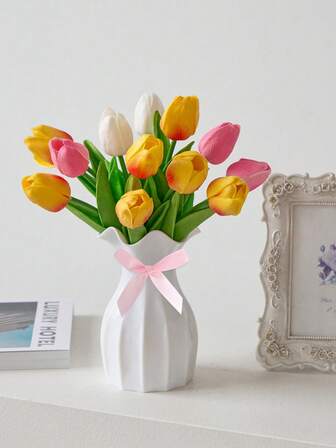 1pc White Ceramic Look Plastic Vase, Artificial Dried Flower Decor Vase, Artistic Floral Vase, Minimalist Living Room Exhibition Hall Home Decor, Vase, Dining Table Centerpiece, Valentine's Day Wedding Table Decor, Home Decor Tabletop Gift, Birthday Graduation Room Decor Glass Vase