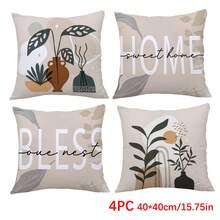 4 件极简主义抽象波西米亚叶几何“祝福之家”抱枕套，单面印花桃色天鹅绒，45*45/50*50/40*40 厘米靠垫套适用于现代简约沙发客厅装饰、礼品、派对装饰 - 彩色 - 查看 12