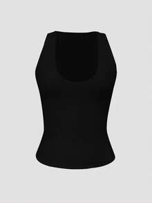 XLLAIS Women's Solid Color Casual Versatile Double-Layer Yoga High Elasticity Sexy U-Neck Sleeveless Black Tank Top, Summer, Athleisure - Black - View 5