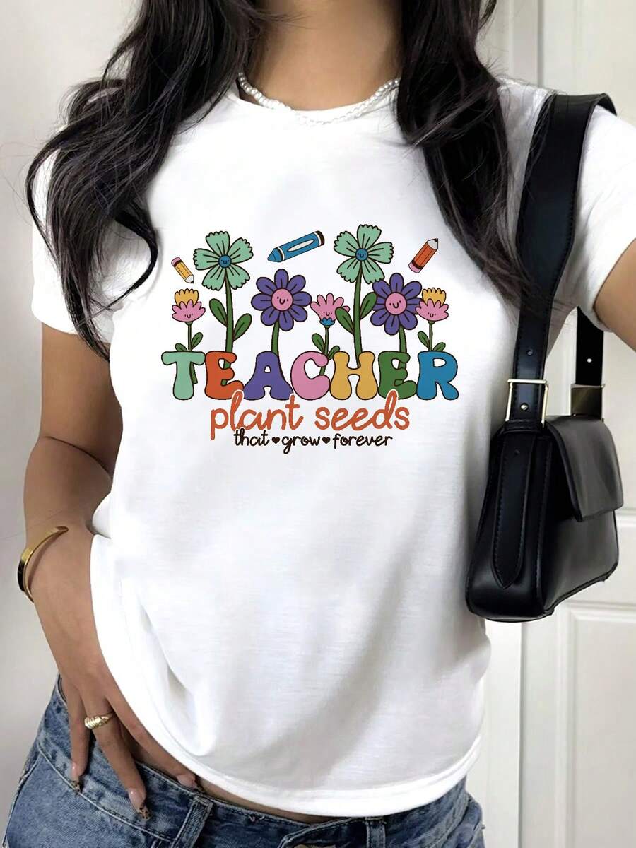 Women's Casual Short Sleeve T-Shirt - Floral Pencil Print & TEACHER Plant Seeds That Grow Forever Graphic, White Round Neck Comfort Fit, Machine Washable All-Season Top, Ladies T Shirts - 白色 - 查看 1