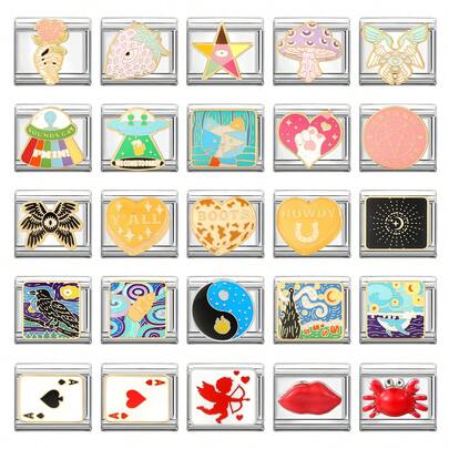 1 pieza Pulsera de goteo de aceite modular DIY italiana, decorada con elementos de pentagrama, corazón y fresa, adecuada como regalo de fiesta para amigos/parejas, aplicable para Navidad, Año Nuevo, Halloween, Día de San Valentín, diseño encantador, joyería de acero inoxidable, local, práctico y de moda, esencial de Navidad y Halloween, estilo navideño, decoración navideña, guía de atuendo de fiesta, suministros de regalo de Navidad, ambiente navideño en el hogar, atuendo elegante, accesorios de Halloween, adecuado para todas las estaciones, escuela, gala, graduación